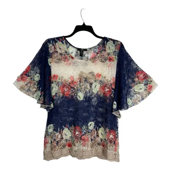 RAIN Lace Top Women's 1X Floral Kimono Sleeve Blouse Round Neck Ruffles Boho - Picture 1 of 8